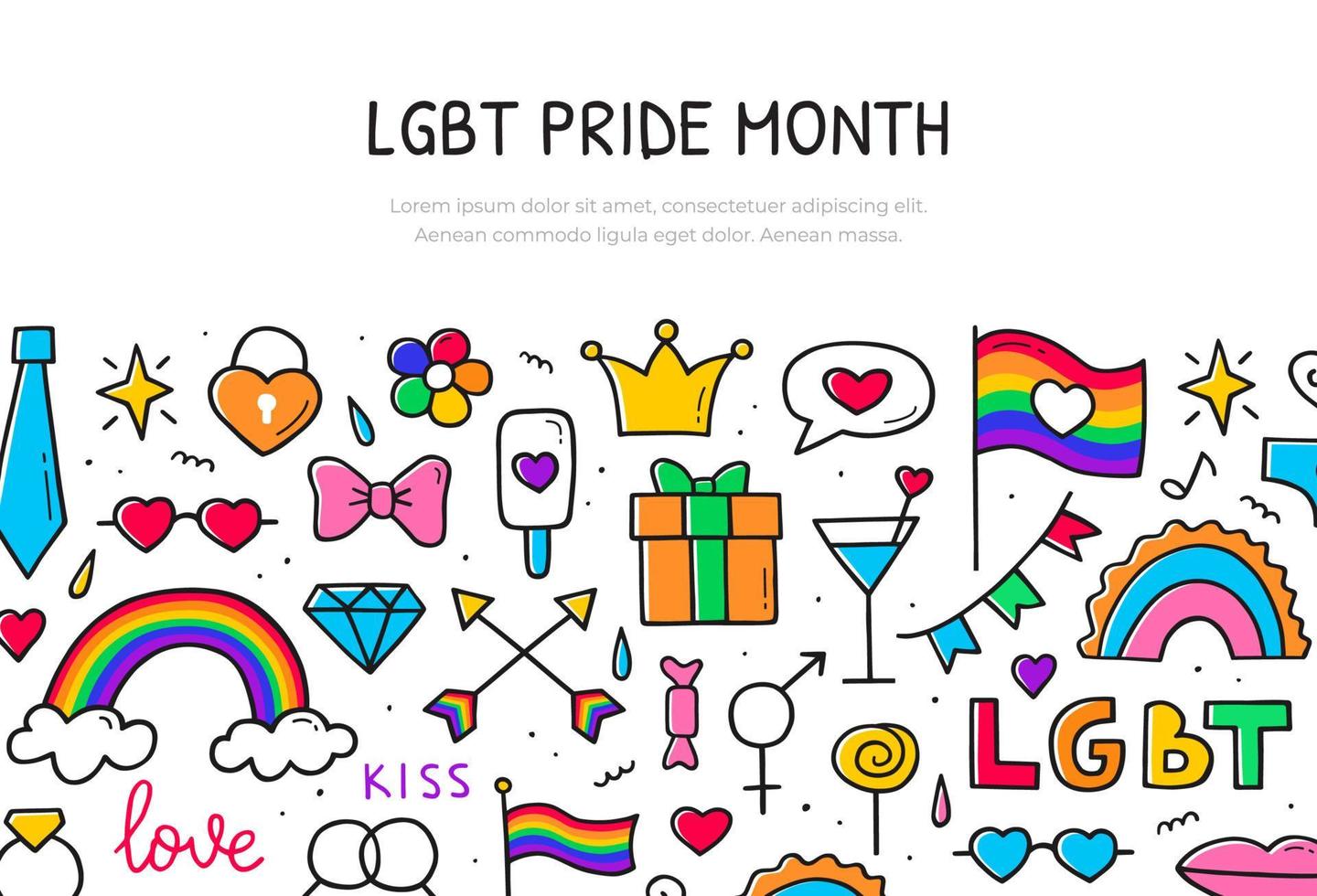 LGBT Pride maand concept. websitebannersjabloon in kleur. Gay Parade. hand getrokken doodle schets. vector samenstelling ontwerp.
