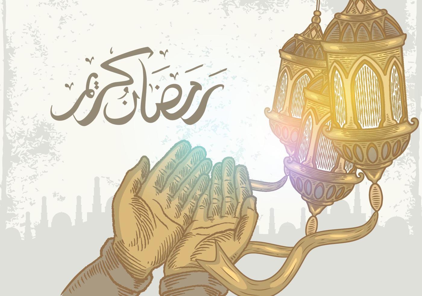 ramadan kareem achtergrond met hand bidden, lantaarn en kalligrafie. vector