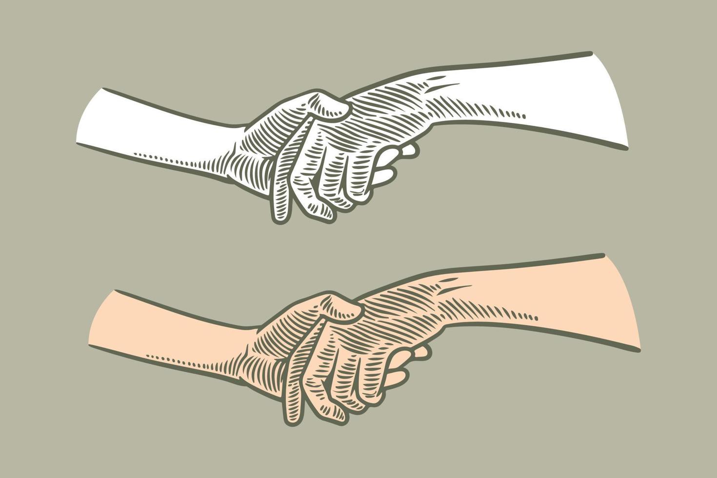 hand tekenen gravure hand grote bedrijf kind hand op grijze achtergrond. vector