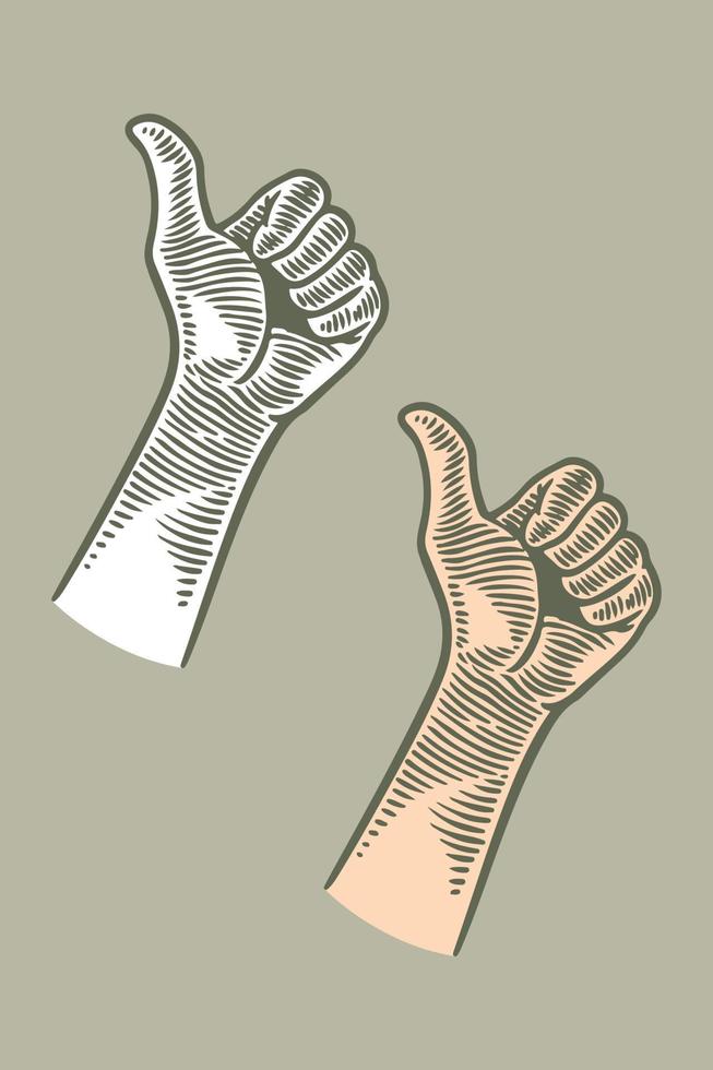 hand tekenen gravure hand duimschroef opwaarts geïsoleerd op een grijze achtergrond. vector