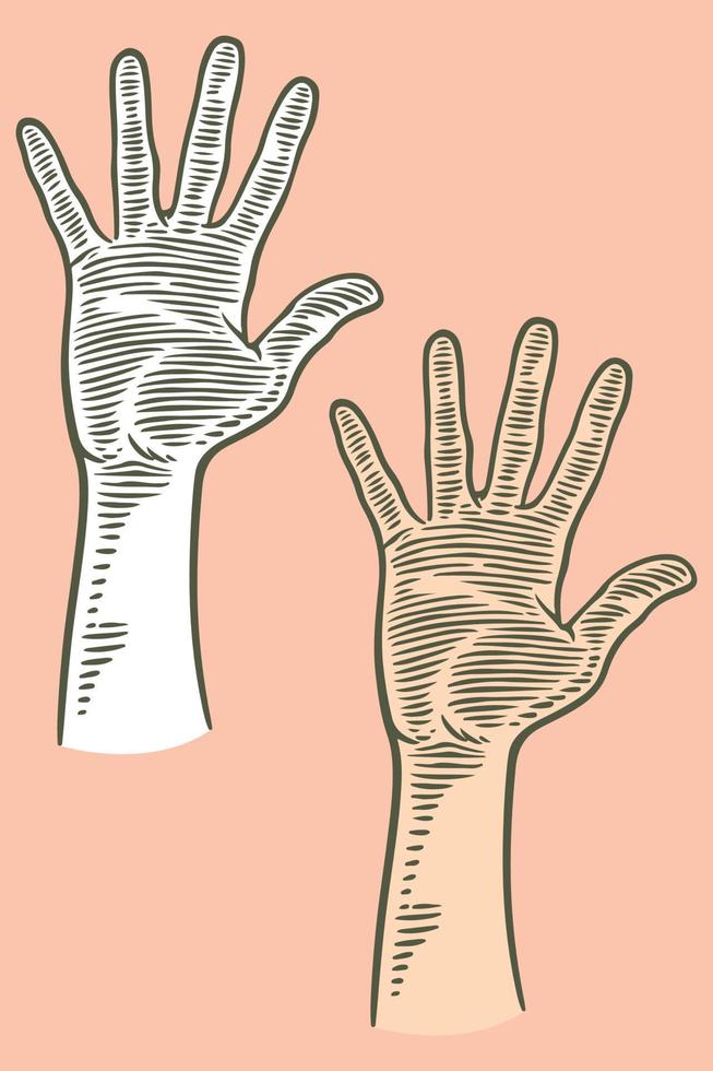 hand tekening gravure hand hallo vijf geïsoleerd op roze achtergrond vector