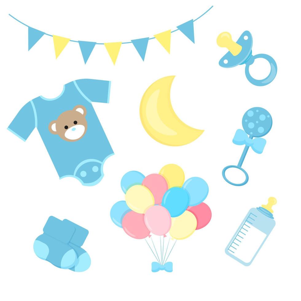 set van iconen van babyproducten voor een jongen in gedempte pastel blauwe kleuren tepel, speelgoed, kleding, fles met mengsel, ballen, sokken, kleur vectorillustratie vector