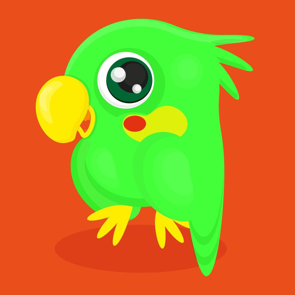 Cartoon grappige groene kleine papegaai geïsoleerd op een oranje achtergrond, print voor textiel, voor t-shirt of verpakking, interieur design, vlakke stijl, vectorillustratie vector