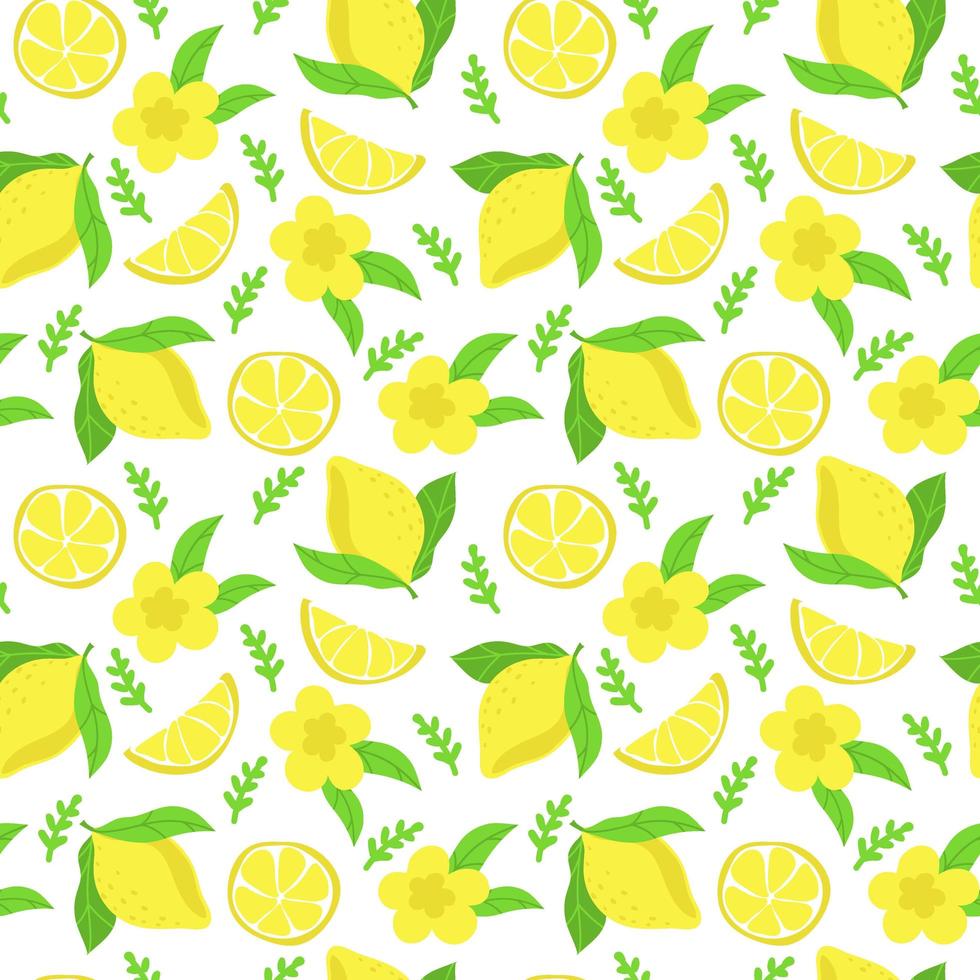 naadloos patroon van heldere citroenen, handgetekende elementen. zomer. gele citroenen met bladeren en bloemen op een witte achtergrond. limonade. geschikt voor textiel en verpakkingen. vector