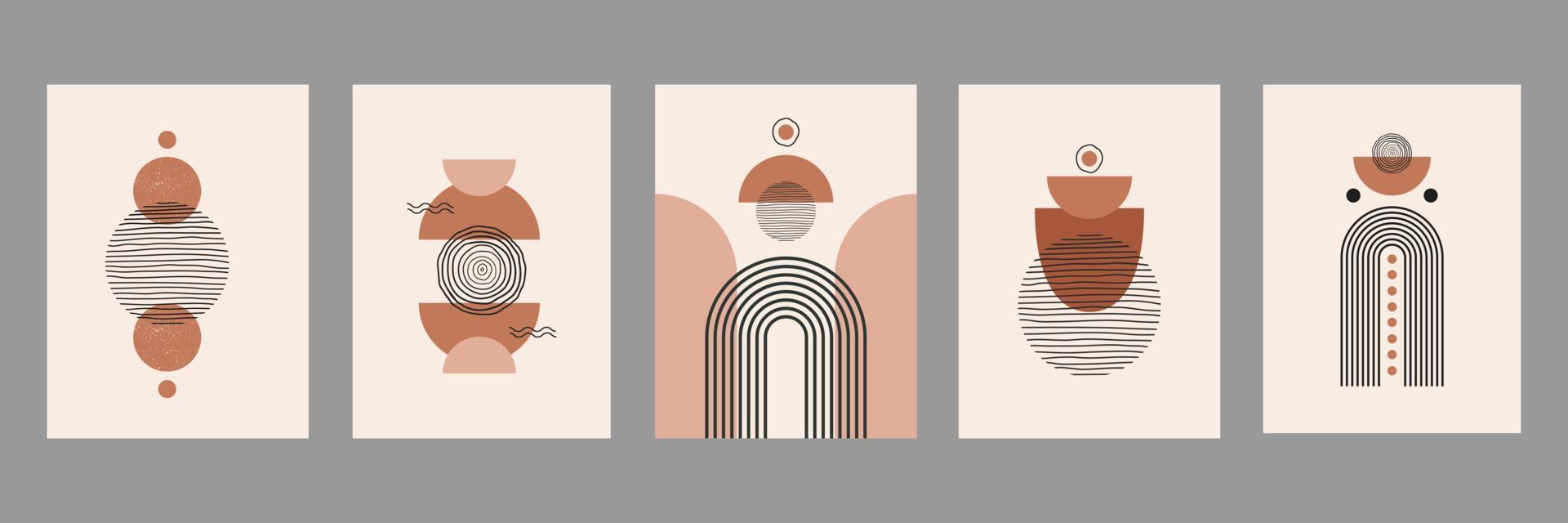moderne abstracte set esthetische achtergronden met geometrische balansvormen en lijnen. wanddecoratie in boho-stijl. halverwege de eeuw vectorafdruk voor omslag, behang, kaart, sociale media, interieur vector