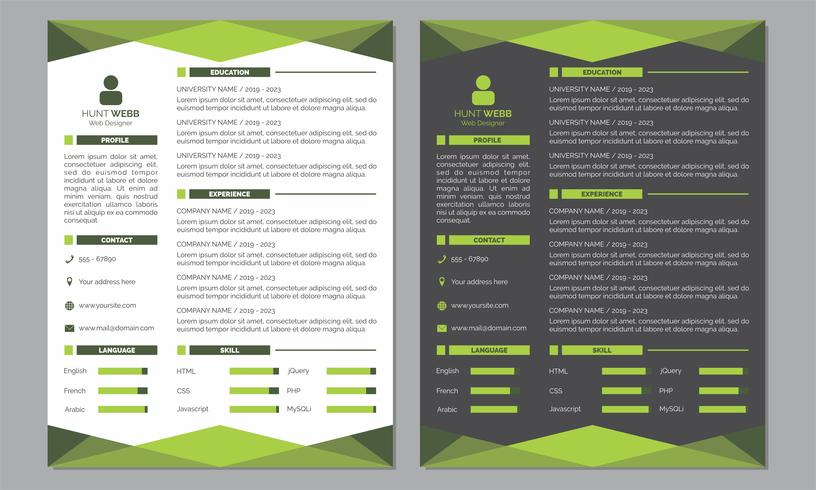 Curriculum Vitae hervatten schone en donkergroene kleursjabloon vector