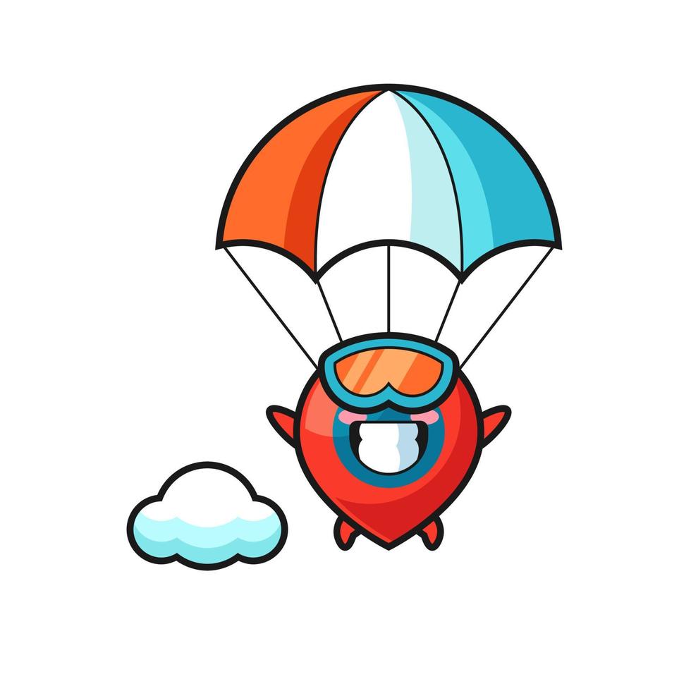 locatie symbool mascotte cartoon is parachutespringen met een gelukkig gebaar vector