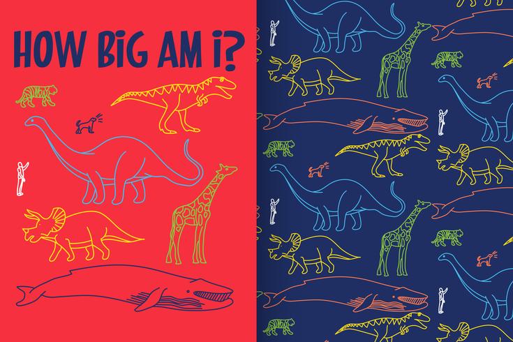 Hoe groot ben ik met de hand getekende dinosaurus met patroon ingesteld vector