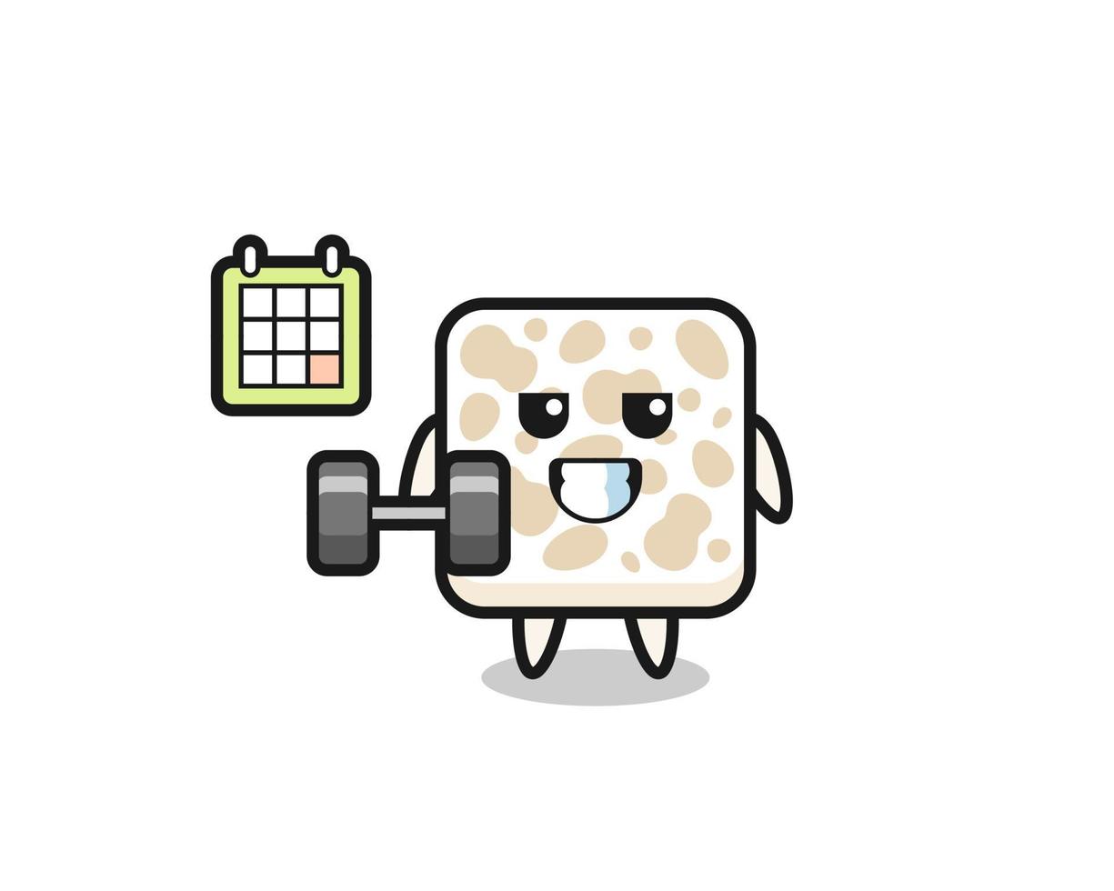 tempeh mascotte cartoon doet fitness met dumbbell vector