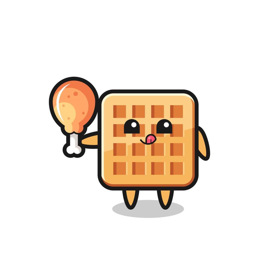 wafel schattige mascotte eet een gebakken kip vector