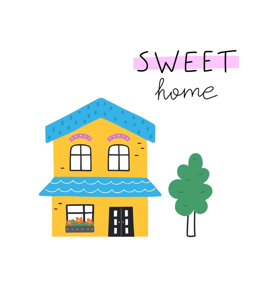 schattig handgetekende huis met belettering sweet home. vectorillustratie. vector