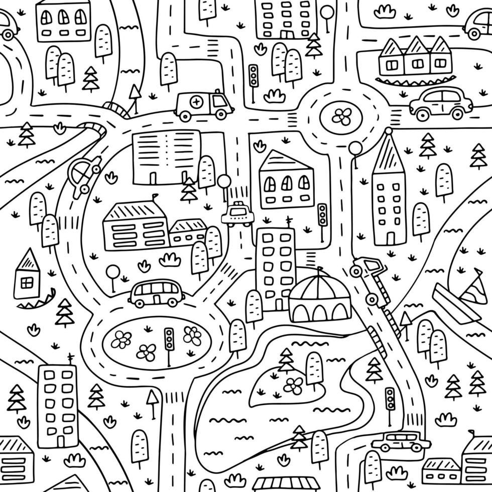 leuke kaart van een klein stadje met wegen, auto's, huizen en een rivier. stijlvolle hand getekende vector zwart-wit afbeelding voor kinderdagverblijf. naadloos patroon.