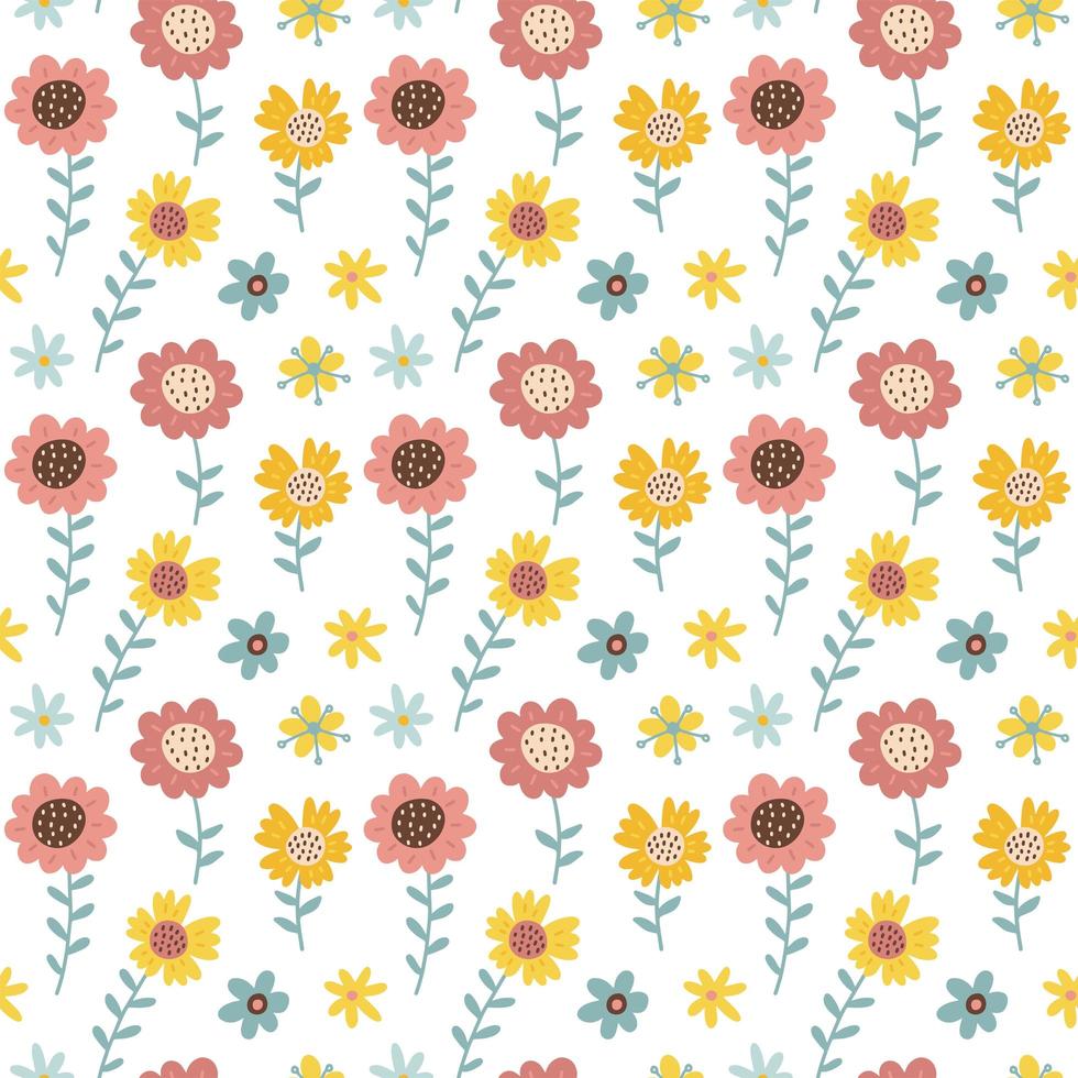 folk naadloos patroon met Lentebloemen, bladeren en takken. vector achtergrond voor verschillende abstracte oppervlakken. trendy handgetekende textuur. platte vector hand getekende illustratie.