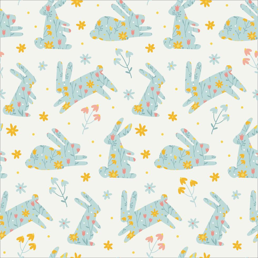 mooie konijnensilhouetten in bloemen. schattig kinderachtig naadloos patroon in cartoon handgetekende stijl voor wallpapers, webpagina-achtergronden, oppervlaktestructuren. platte vectorillustratie. vector