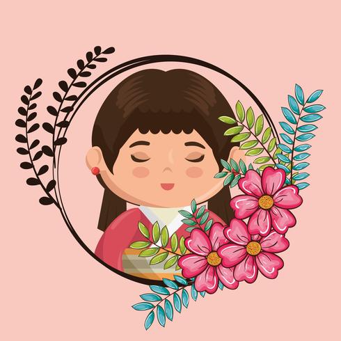 Kawaii Japans meisje met bloemenkarakter vector