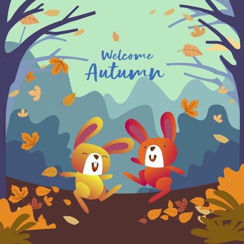 Grappige Konijnen die in het Bos met Bladeren in Autumn Fall Season spelen vector