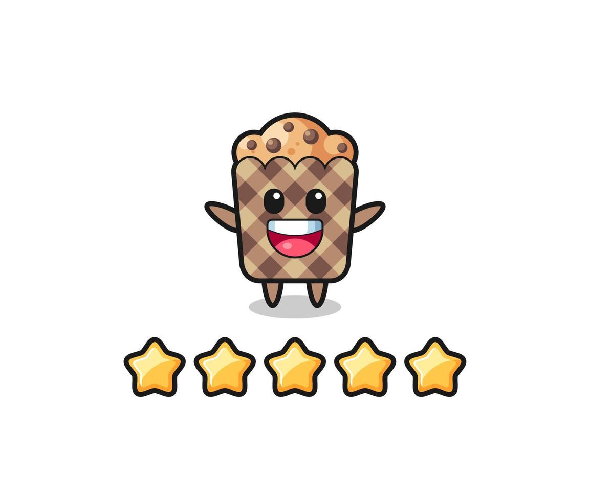 de illustratie van de beste beoordeling van de klant, muffin schattig karakter met 5 sterren vector