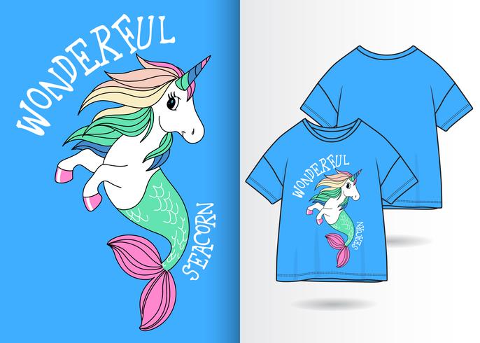 Unicorn Mermaid Seacorn Handgetekend T-shirtontwerp vector