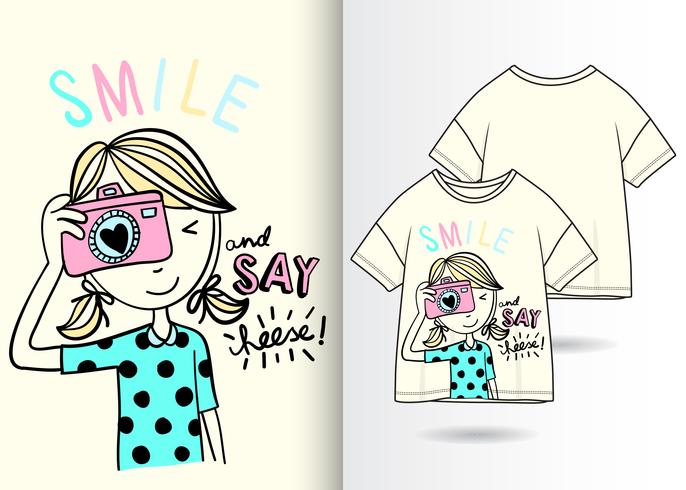 Hand getekend schattig meisje met t-shirt ontwerp vector
