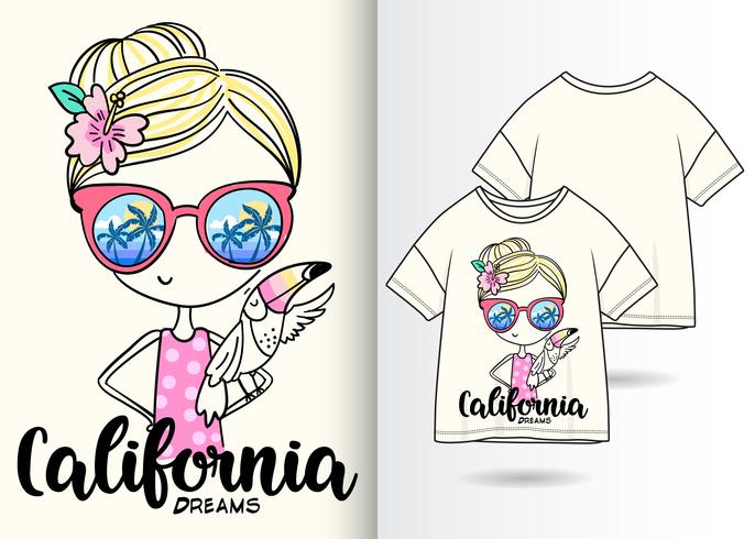 California Dreams Hand getrokken meisje T-shirt ontwerp vector