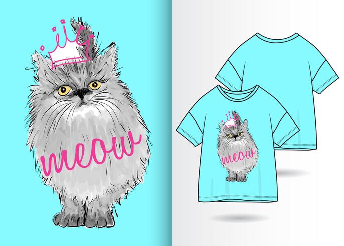 Hand getekend schattig katje met t-shirt ontwerp vector