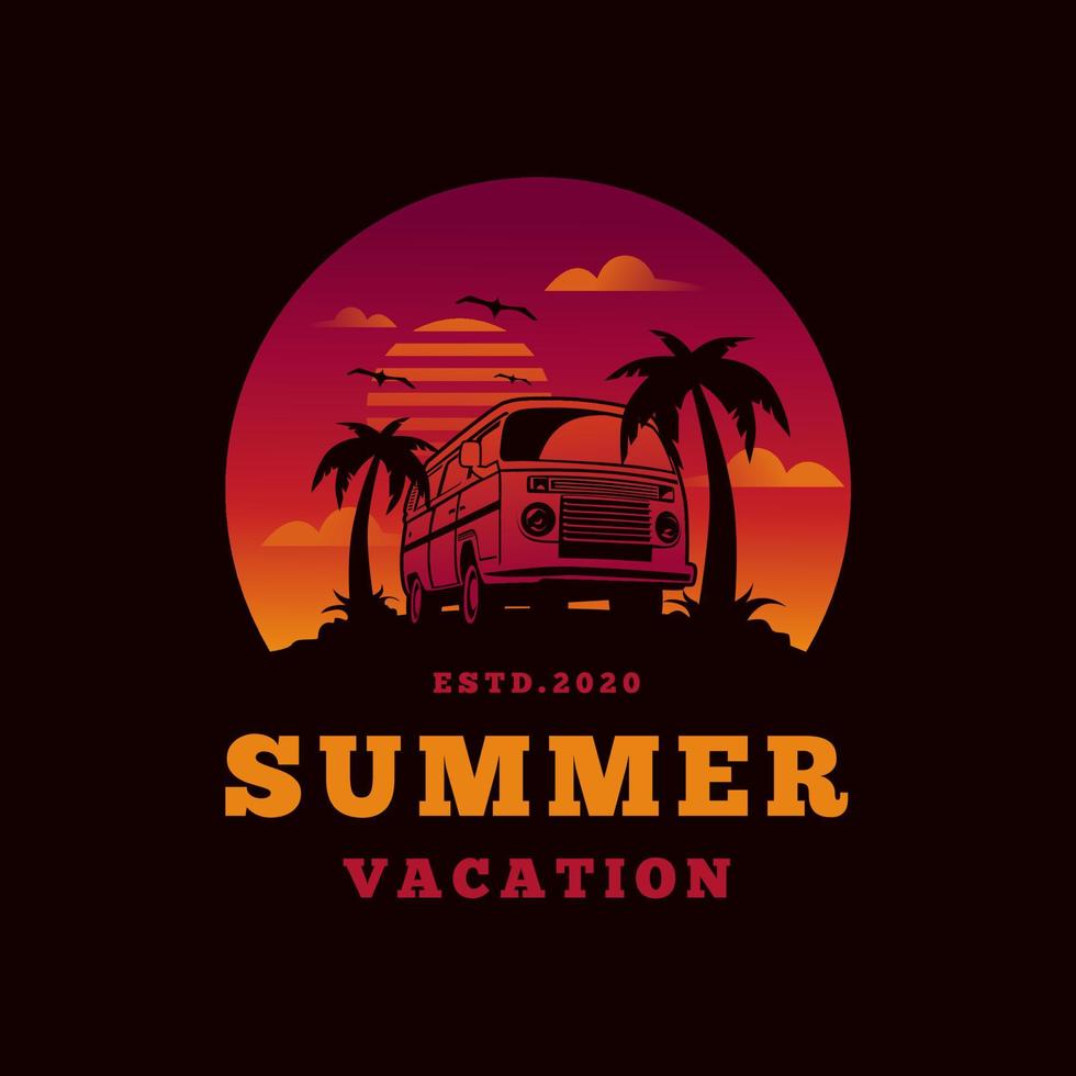 vectorillustratie in vintage stijl. klassieke auto op de achtergrond van de berg met zonsondergang en palmboom vector