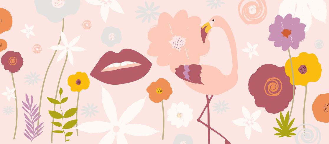 Tropische bladeren en bloemenafficheachtergrond met flamingo vector