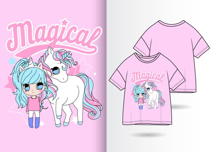 Magische Unicorn Hand getrokken T-shirt ontwerp vector