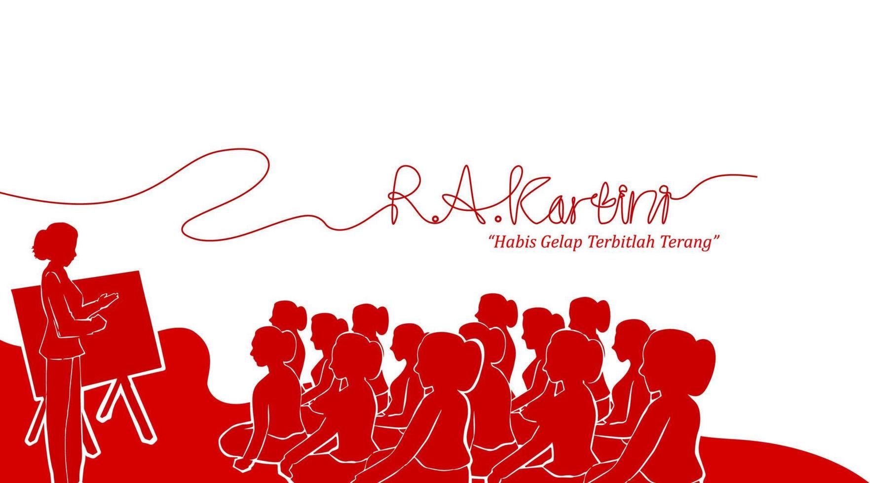 raden adjeng kartini de helden van vrouwen en mensenrecht in indonesië. vrouwen samen lesgeven banner sjabloonontwerp achtergrond - vector