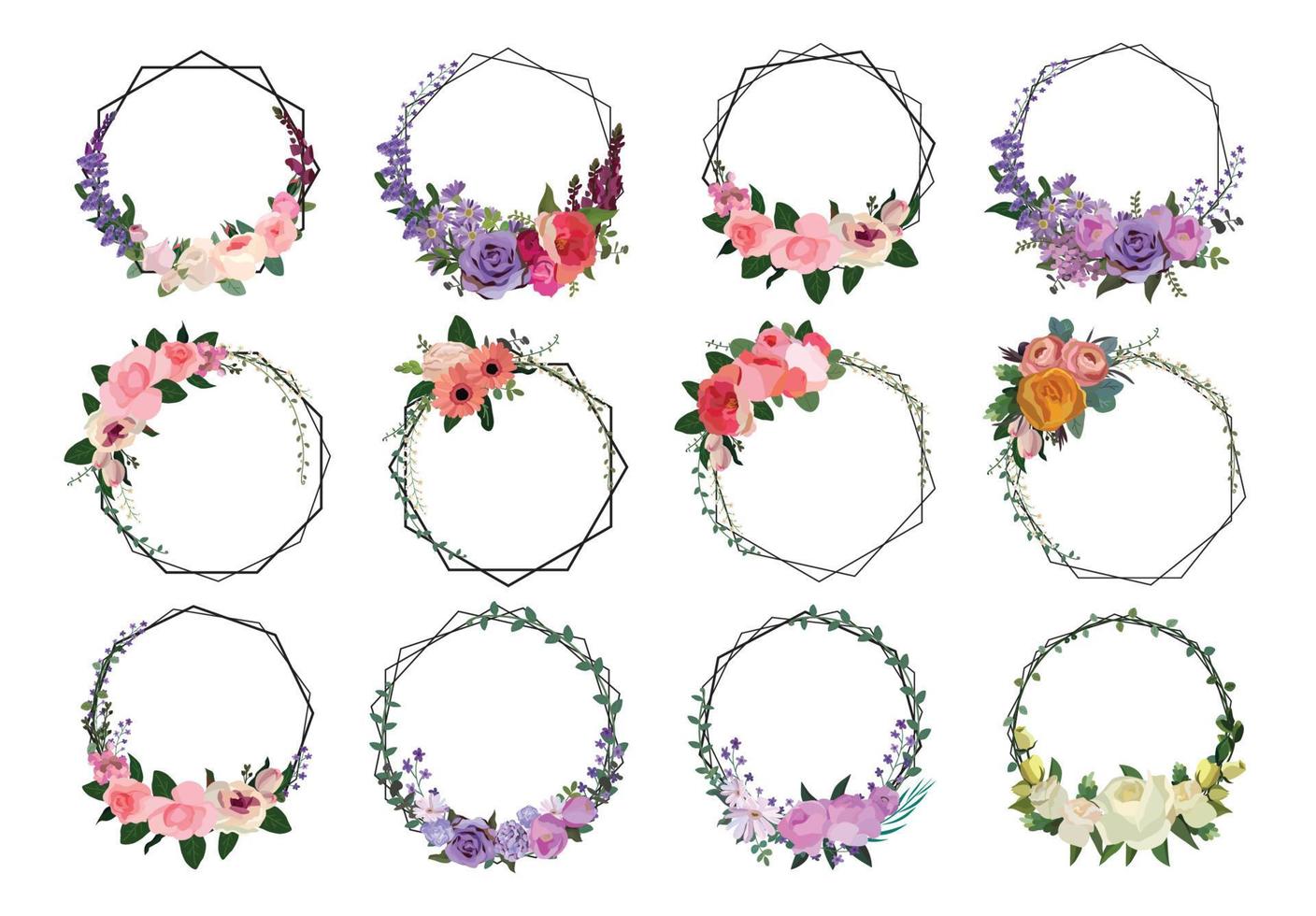 set van mooie bloemenkrans, bloemenframes set. vectorillustratie. vector