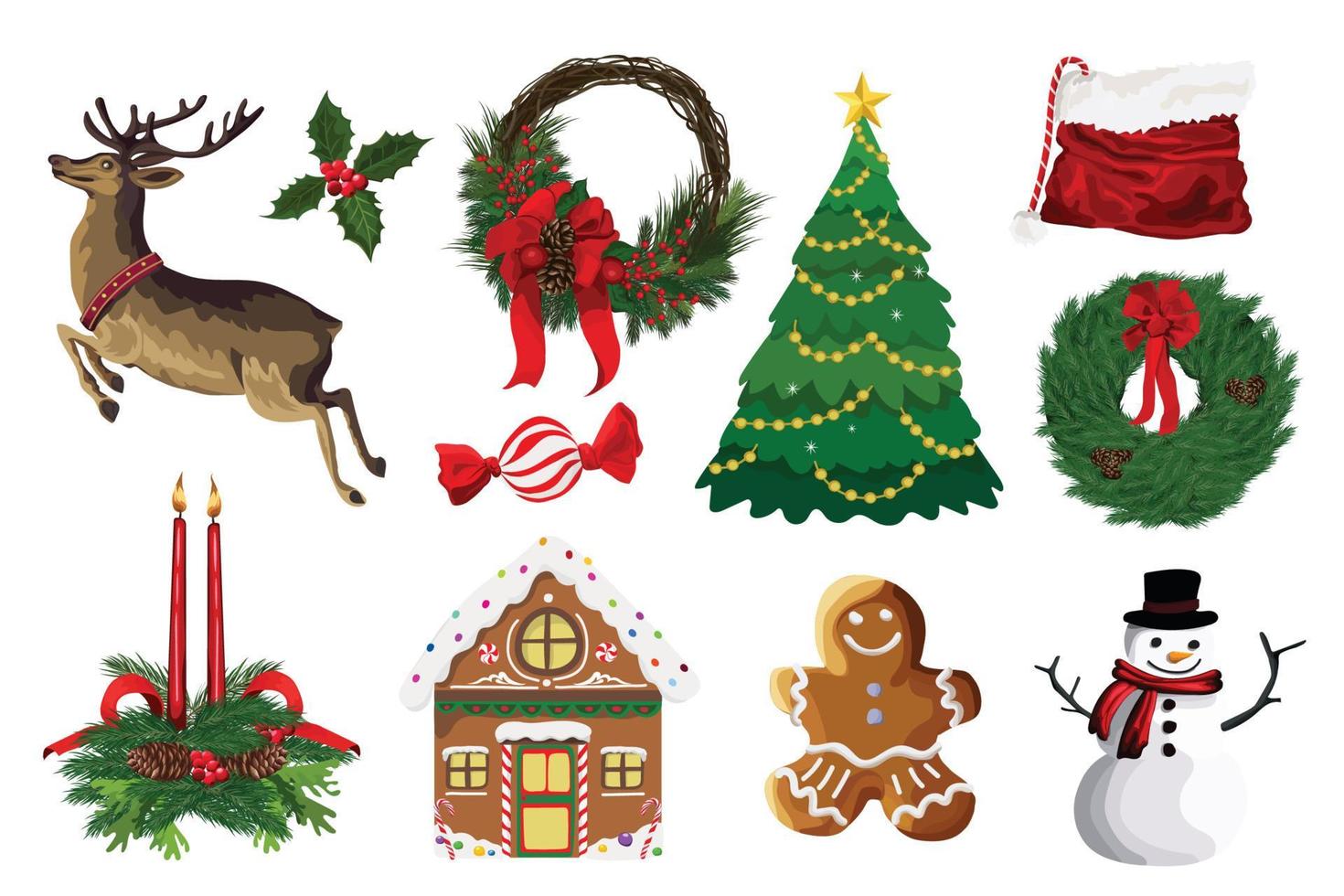 kerst decoratieve elementen instellen. vectorillustraties op een witte achtergrond. vector