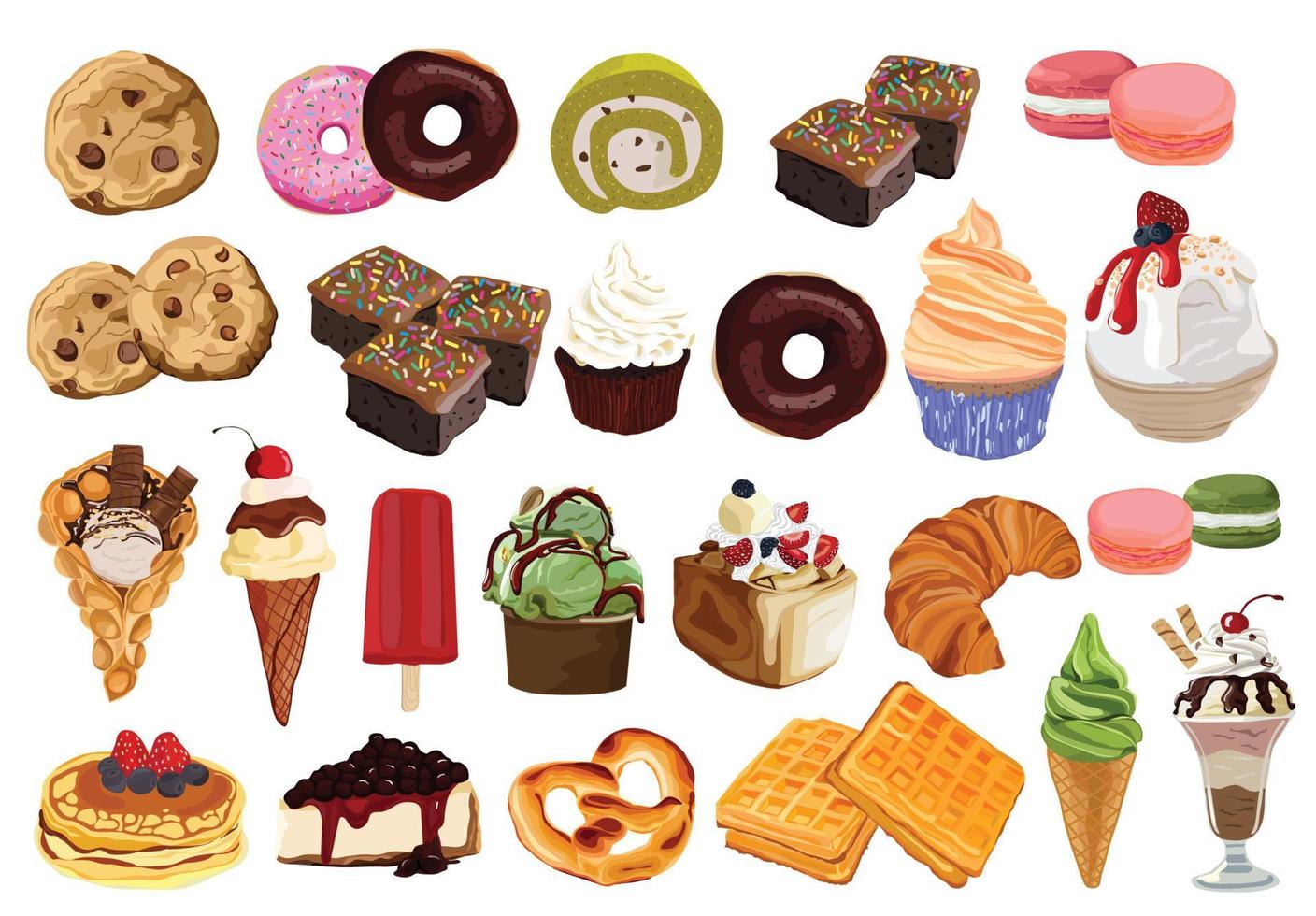 set van kleurrijke cartoon bakkerij en dessert. vectorillustratie. vector