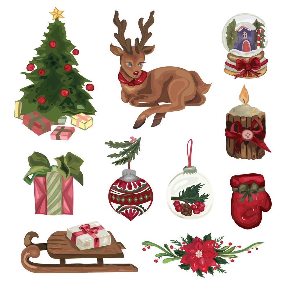 kerst decoratieve elementen instellen. vectorillustraties op een witte achtergrond. vector