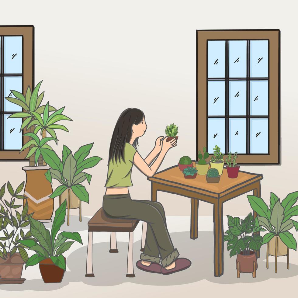 vrouw en planten in de woonkamer. vector