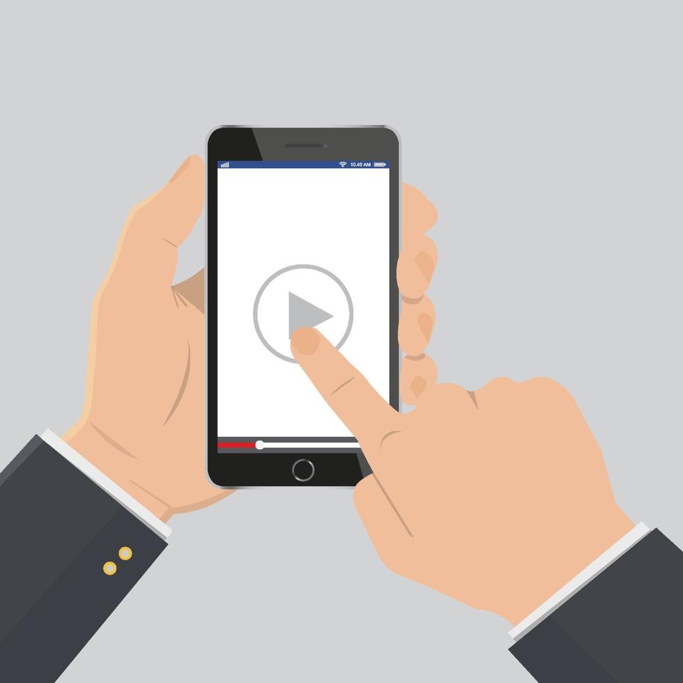 hand wijzend naar de afspeelknop op een smartphone om video-tutorial te bekijken. vector