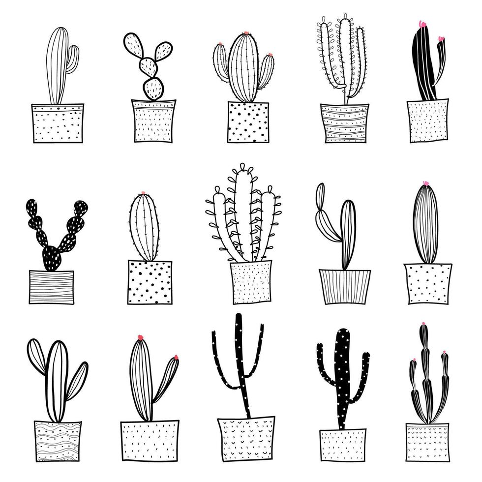 handgetekende cactus in de potten. vectorillustratie. vector
