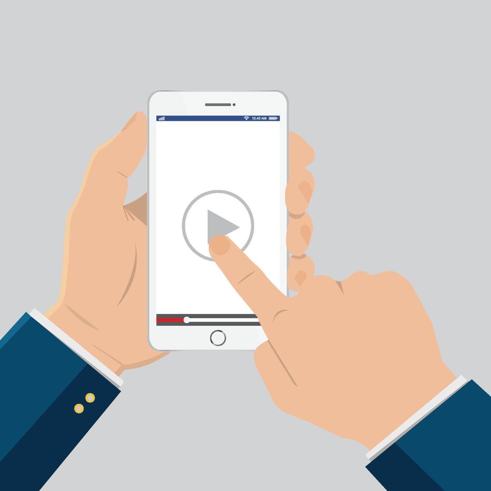 hand wijzend naar de afspeelknop op een smartphone om video-tutorial te bekijken. vector