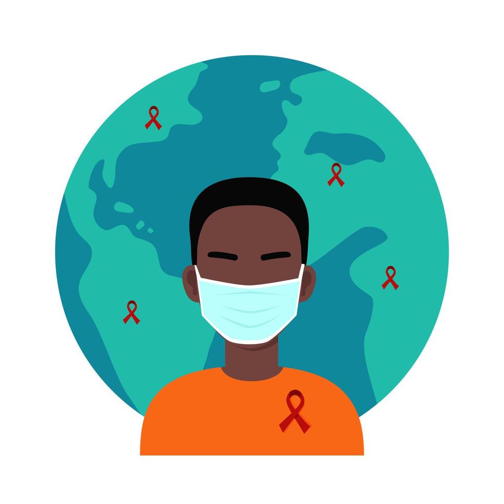 jonge zwarte man met masker en rood lint met earth globe op de achtergrond. symbool van de solidariteit met hiv-positieve en leven met aids-mensen. bewustmakingscampagne. wereld aids dag poster vector
