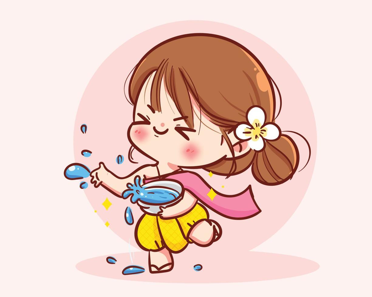 gelukkig schattig meisje opspattend water tijdens water songkran festival thailand traditionele cartoon karakter hand tekenen kunst illustratie vector