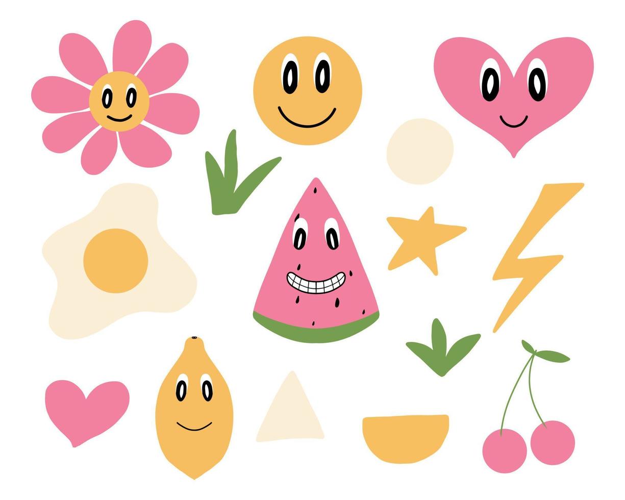 retro set elementen. groovy bloem, emoticon, hart, watermeloen, citroen, ei, kers. vector