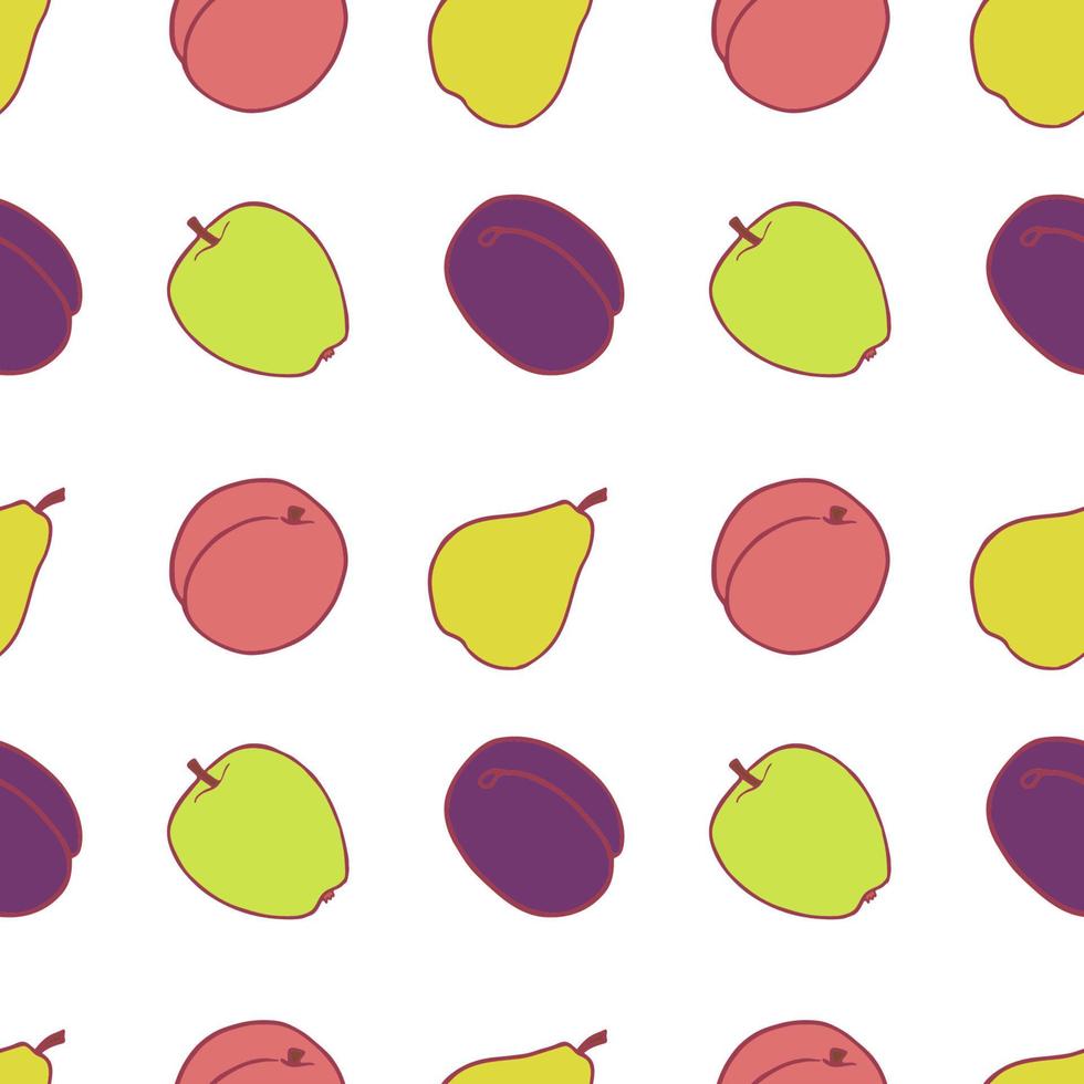 fruit pruim, peer, perzik en appel naadloos patroon, geweldig ontwerp voor alle doeleinden. hand getekende stof structuurpatroon. gezonde voeding achtergrond. vector vlakke stijl zomer afbeelding. op witte achtergrond.