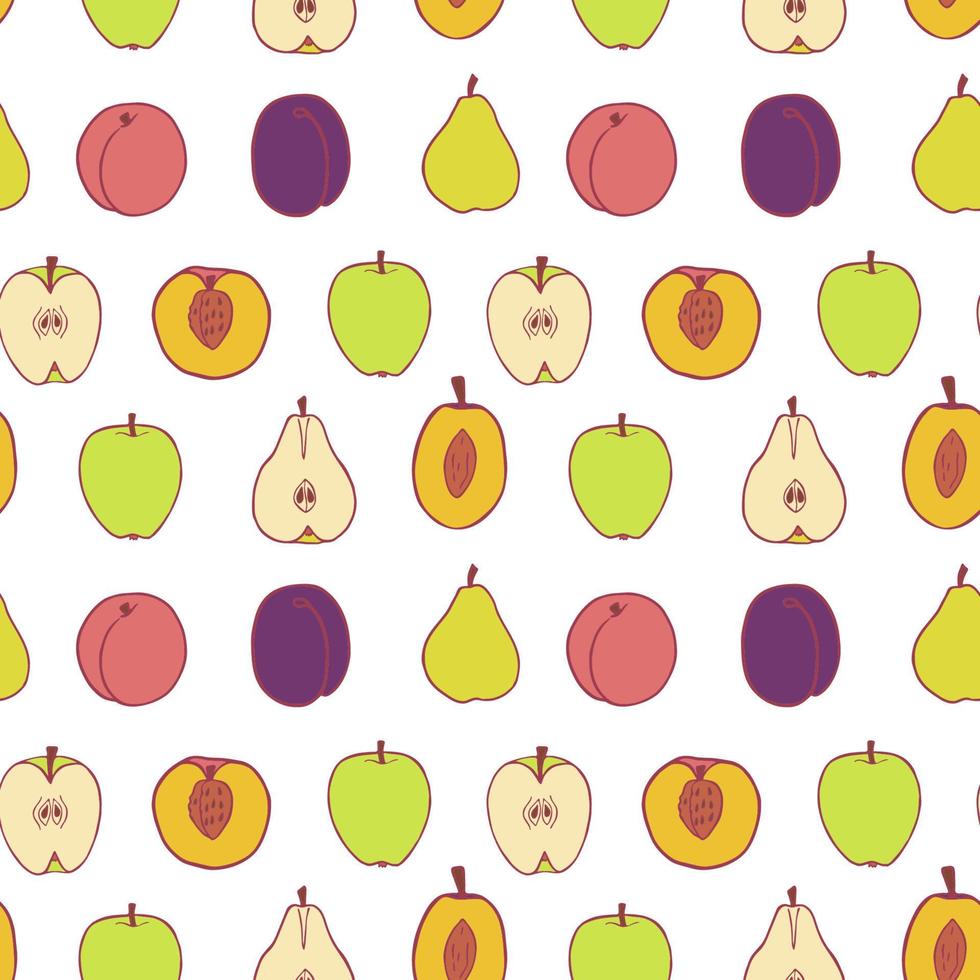 fruit pruim, peer, perzik en appel naadloos patroon, geweldig ontwerp voor alle doeleinden. hand getekende stof structuurpatroon. gezonde voeding achtergrond. vector vlakke stijl zomer afbeelding. op witte achtergrond.