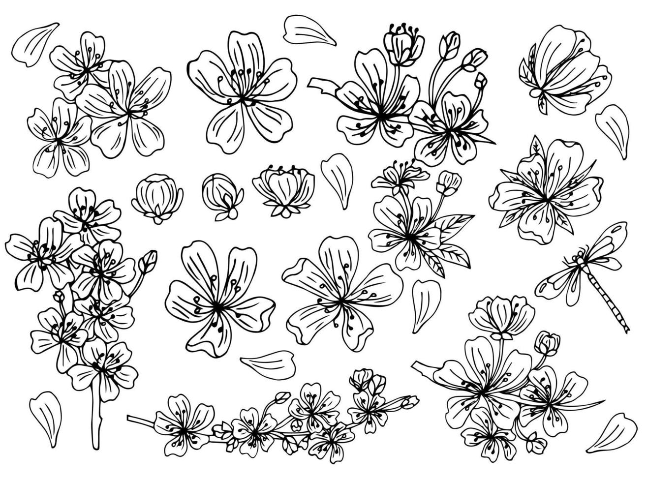 kersenbloesem set. verzameling sakura-bloemen. zwart-wit tekening van Lentebloemen. lijn kunst. tatoeëren. vector