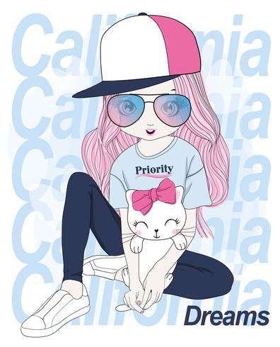 Hand getekend schattig meisje houdt van kat met California Dreams typografie vector