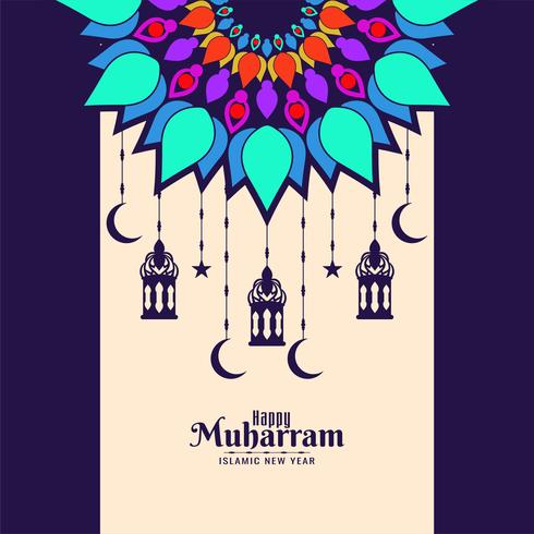 Gelukkige Muharran-kaart met kleurrijke mandala en hangende lantaarns vector