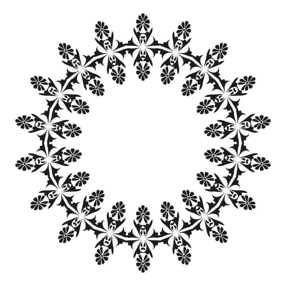 ronde patroonrand. rond damastpatroon met plaats voor tekst. bloemen frame. zwart en wit. ornament voor decoratie van kaarten en uitnodigingen. vector