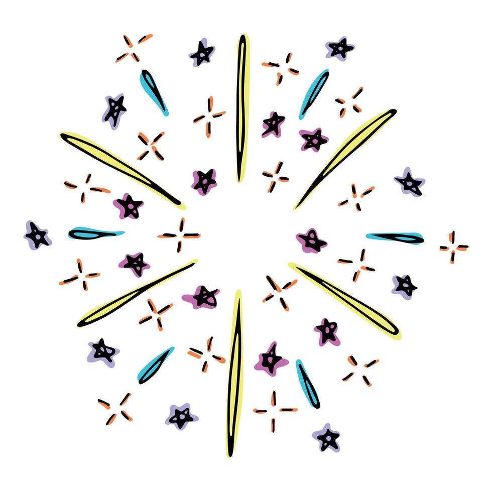 vector hand getekend vuurwerk. leuke kleurrijke doodle illustratie geïsoleerd op een witte achtergrond. voor wenskaarten, print, web, design, decor.