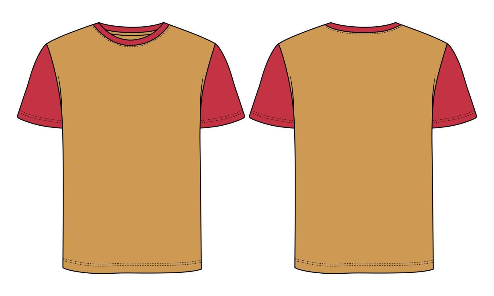 tweekleurige gele, rode kleur regular fit korte mouw basic t-shirt technische mode platte schets vector illustratie sjabloon voorkant, achterkant bekeken. kleding ontwerp mock-up tekening illustratie.