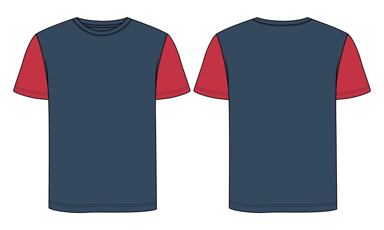 two tone marineblauw, rode kleur regular fit korte mouw basic t shirt technische mode platte schets vector illustratie sjabloon voorkant, achterkant bekeken. kleding ontwerp mock-up tekening illustratie.