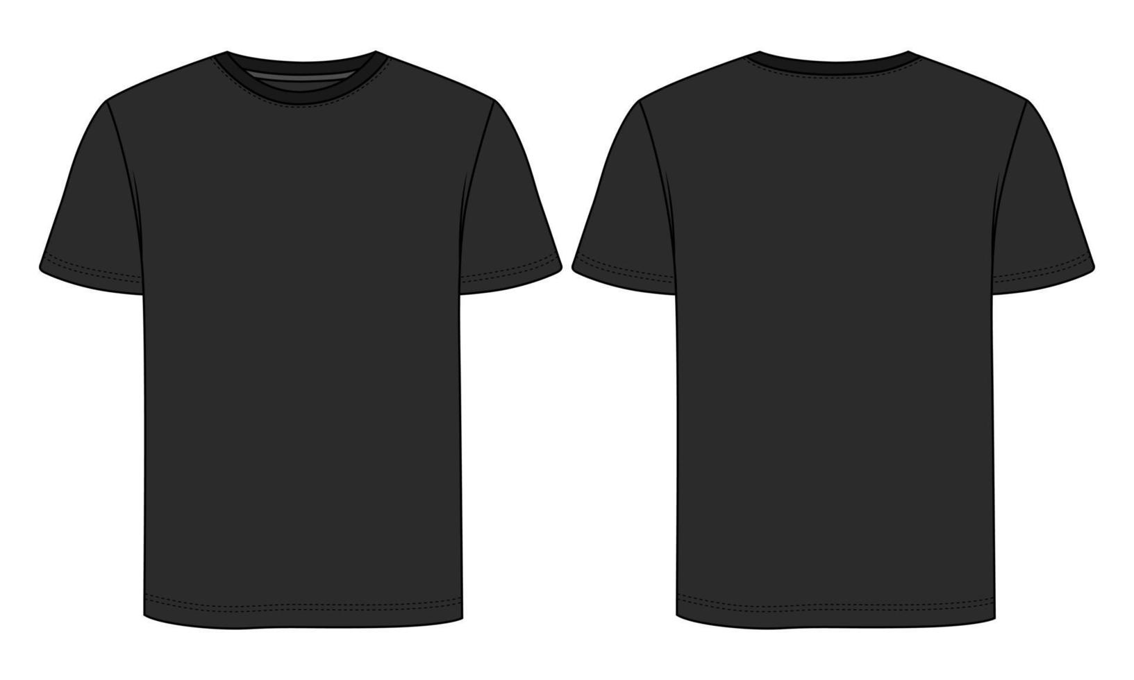 regular fit t-shirt met korte mouwen technische schets mode platte sjabloon met ronde hals voor- en achteraanzicht. kleding kunst tekening vector illustratie basiskleding ontwerp zwarte kleur mock up.